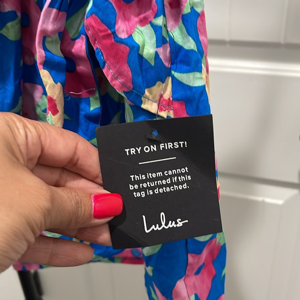 LULUS Thoroughly Sweet Blue Floral Print One-Shoulder Mini Dress Pink Blue Sz M - Picture 12 of 13
